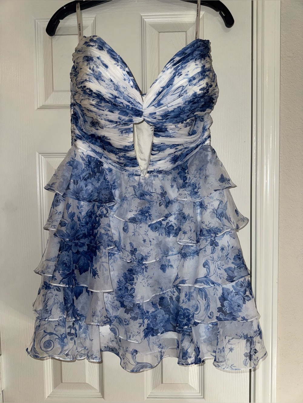 Sherri Hill Blue and White Floral Ruffle Mini Dress